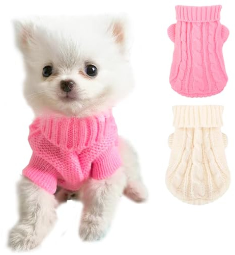 JAAQUCD 2 Stück XXS Hundekleidung Mädchen Rollkragen gestrickt Welpenpullover für kleine Hunde Herbst Winter Chihuahua Yorkie Teetasse Kleidung Warme Kätzchen Katze Strickwaren (Rosa + Weiß, S-8)