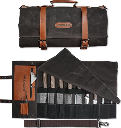 WELKINLAND 13-Pocket Knife Roll, Heavy-Duty Canvas Leather Knife Roll Bag | Safety-Protection Chef Knife Roll Up, Quick-Access Chefs Knife Roll, Easy-Carry Knife Roll Case, Easy-Organized Knife Wrap