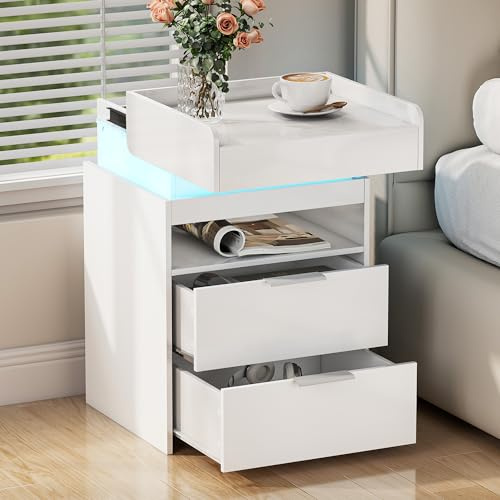 yeshine Nachttisch mit LED-Beleuchtung Beistelltisch mit Steckdose | Geheimfach,40×45×68 cm, 2 USB-Anschlüssen,1 Type-C-Port,Mehrstufiger Stauraum,APP-Timer,Weiß