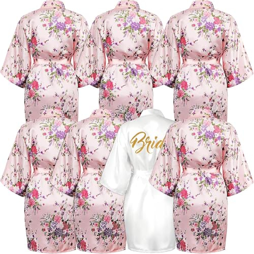 ASMIZ Lot de 7 Peignoirs de Mariage en Satin – 1 Peignoir Blanc Bride à Paillettes Or + 6 Robes Kimono Fleuries pour Demoiselles d’Honneur – EVJF, Spa, Lune de Miel, Préparation Jour J