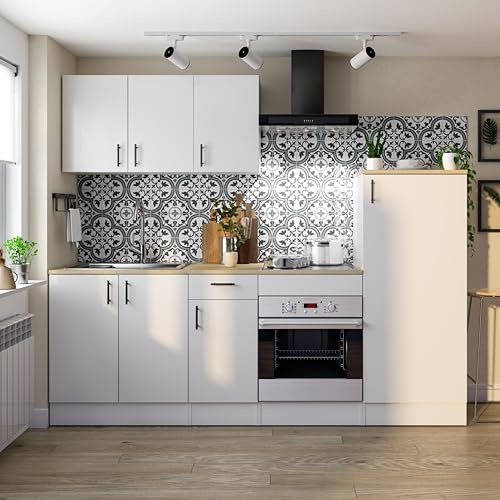 Mobelcenter, Conjunto Muebles de Cocina 240 cm Aria, Acabado en Roble Canadian, Blanco Brillo y Blanco Mate, Medidas: Ancho: 240 cm. x Fondo: 60 cm. x Alto: 211 cm. (P0089)
