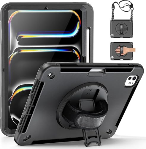 Junfire Case for iPad Pro 11 inch (M5/M4) 2025/2024 with Screen Protector | Shockproof Rugged Protective Case with Rotating Stand/Hand Strap/Pencil Holder/Shoulder Belt for iPad Pro 11 Case 2025, Black