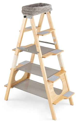 COSTWAY Árbol para Gatos de Madera Maciza, 151 cm, Rascador Gato Plegable con Escalera, Torre Alta para Gatitos de 5 Niveles con Cama, Perchero Tapizado y Poste Rascador de Sisal, Natural y Gris
