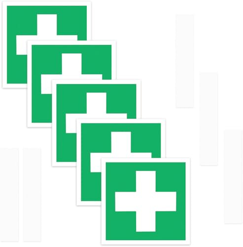 Erste Hilfe Schild Set 5 Stück - PVC Notfallschilder, 15x15cm, für Büro, Werkstatt, Krankenhaus, Notfallkennzeichnung - Erste Hilfe Symbol Aufkleber, Sicherheitsschilder für Notfälle