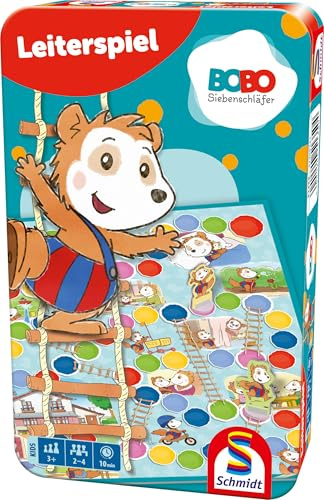 Schmidt Spiele 51350 Bobo Siebenschläfer, Leiterspiel, Reisespiel, Bring Mich mit Spiel in der Metalldose, Blau und Weiß