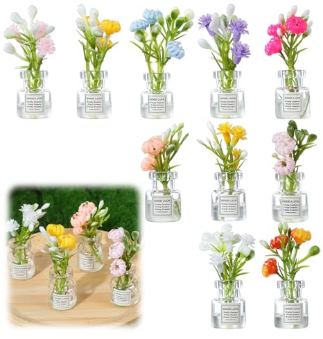 10PCS Miniature Dollhouse Plant Flowers, 1:12 Glow in The Dark Glass Vase Flowers, Mini Faux Flower Model, Miniature Flower in Vase Set for Tiny Houses, Fairy Gardens and Micro Landscapes