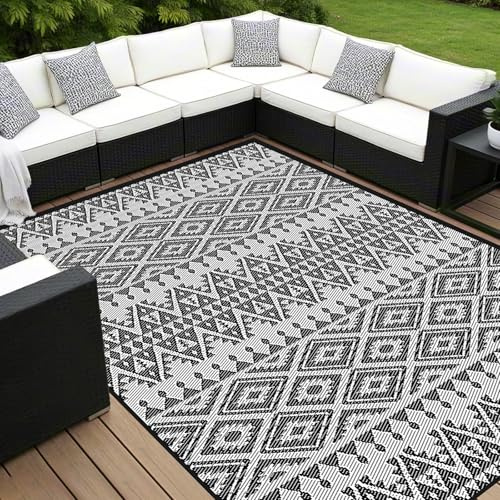 Shade&Beyond Outdoor Teppich Wetterfest 180x270cm, Wendbarer Balkon Teppich UV-Beständig & Waschbar, Faltbarer Kunststoffteppich für Terrasse, Garten, Camping & Pool, Schwarz & Weiß