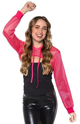 Boland - UV Fischnetz Bolero, Neon Crop Top mit Kapuze, Shirt leuchtet im Schwarzlicht, Oberteil für Karneval, Festival und Mottoparty