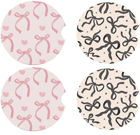 Thfaeyta 4PCS Car Coasters for Cup Holders, Pink & Beige Bow Design Absorbent Ceramic Car Accessories for Women, Cute Girly Essentials Anti-Slip Coasters with Finger Notch