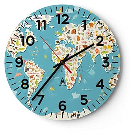 Modern Wanduhr Geographie Globus Grafik Illustration 40x40cm Rund Groß Wand Uhr Glas Analog Zimmeruhren Küche Büro Wohnzimmer Glasuhr Wall Clock Dekoration Design Küchenuhr C4AR40x40-3106