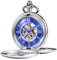 TREEWETO Unisex Taschenuhr mit Kette Analog Handaufzug glatt Doppelscharnier Römische Ziffern Silber Blau