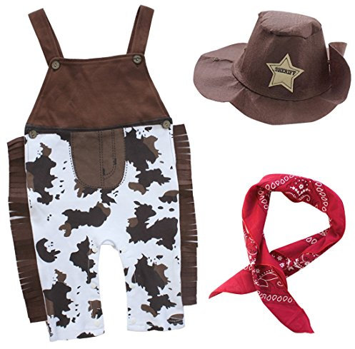 Freebily Cowboy Bambino Costume Salopette Neonato Cotone Pagliaccetto Bimbo Estate Completino Bimbo Estivo Cappello Cowboy Bambino Carnevale Fazzoletto Rosso Collo Marrone 6-12 Mesi