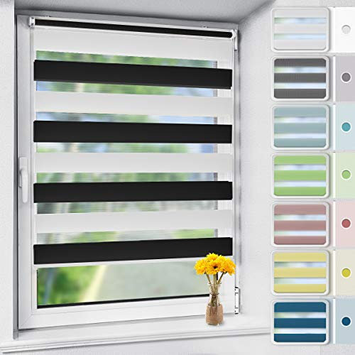 Vkele Doppelrollo Klemmfix ohne Bohren, 40x120cm(BxH) Schwarz-Weiß, Duo Rollos für Fenster und Tür mit Klämmträger, Fensterrollo lichtdurchlässig und verdunkelnd, Seitenzugrollo Wandmontage