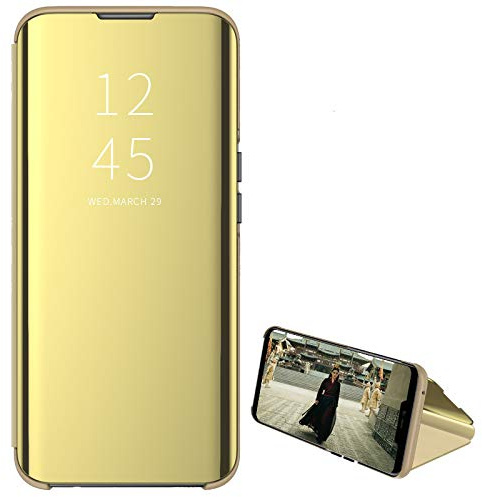 Custodia® Specchio Placcatura Vista Chiara Funzione Stand Flip Custodia Compatibile per Samsung Galaxy M31s (Oro)