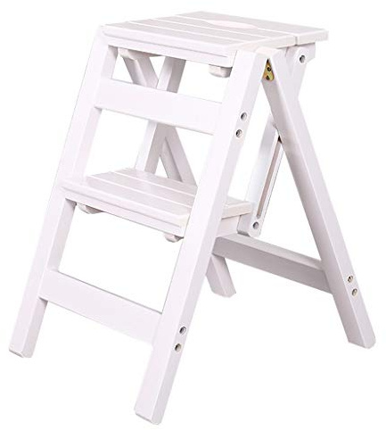 ZHZ-DT Leiterstuhl Treppenstuhl Hockerleiter 2 Stufen Klappbar Holz Haushaltsleiter Tritthocker Faltbar Klappleiter Klappstufen für Küche Büro Bibliothek, 150kg Kapazität (Color : White)