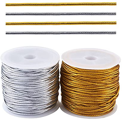 PandaHall Cuerda elástica de 109 yardas de 1 mm con cordón elástico de cuerda redonda con poliéster exterior y goma interior de hilo de manualidades para hacer pulseras de bricolaje (plata y oro)