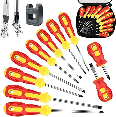 Magnetic Screwdriver Set 10 PCS,5 Phillips and 5 Flat Head Precision Screwdriver,Professional Cushion Grip and Non-Slip for Repair Home Improvement Craft (Red, 10PCS)