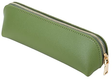 Fyore Leather Pencil Case Slim Design Pen Bag with Metallic Zipper Pocket Size for or Student Office College Middle School (Green)