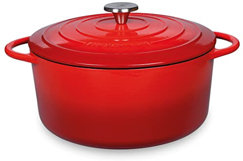 Küchenprofi Fuente para asar de hierro fundido con tapa, interior rojo/negro, 28 cm, cacerola, horno holandés, molde para hornear pan, esmaltado, para todas las cocinas (incluyendo inducción), para