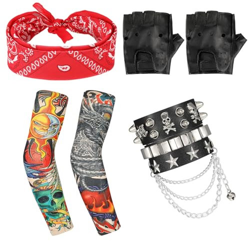 Skylety Punk Gothic Rocker Kit 70er 80er 90er Jahre Schwermetall Rock Kostüm mit Retro Rot Punk Bandanas Schwarze Handschuhe Gefälschte Tattoo Ärmel Schwarzes Kunstlederarmband für Männer Frauen