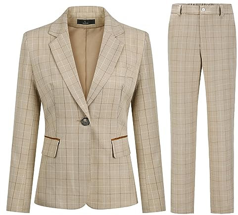 YUNCLOS Tailleur Femme 2 pièces Slim Fit Chic Veste Bureau Travail Blazer Pantalons Constume Ensemble à Carreaux,Kaki,XL
