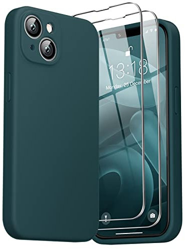 GOODVISH 3 in 1 Designed for iPhone 14 Plus (6.7) Liquid Silicone Case 2022, with 2 Pack Screen Protector, Shookproof, Anti-Scratch Gel Rubber Slim Phone Cover [360° Full Protection], Dark Green