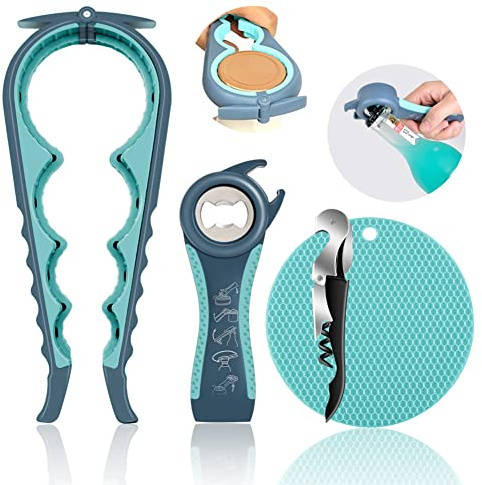 Jar Opener for Weak Hands, Seniors with Arthritis, 5 in 1 Multi Function Bottle Opener Lid Opener For Arthritic Hands with Non Slip Rubber Jar opener Gripper Pad and Corkscrew Wine Opener(BLUE)