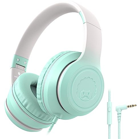 RockPapa L22 Kinder kopfhörer, Kabel Kopfhörer für Kinder, 3,5 mm Aux Jack, Verstellbares Stirnband mit Mikrofon, Faltbarer Kopfhörer Over-Ear für Schule, Travel, Jungen, Mädchen (Hellgrün)