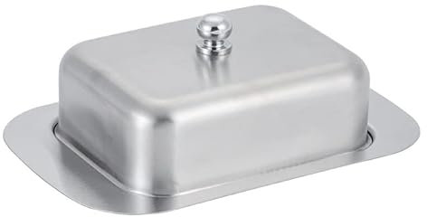 PIQIUQIU Mantequera de acero inoxidable para postre, fiambrera de queso con tapa, recipiente para mantequilla de 250 g, restaurante en casa, plata, 18,8 x 12,8 x 6,7 cm