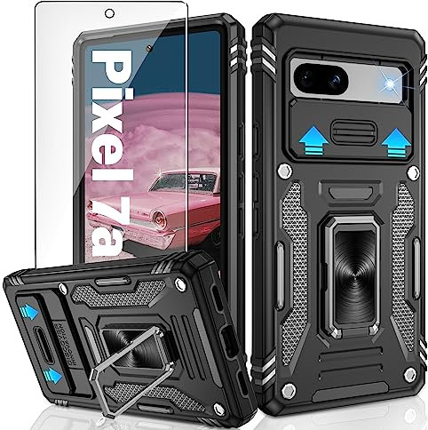 Jshru Funda para Google Pixel 7a con protector de pantalla y funda para cámara deslizante, soporte de anillo, funda antiarañazos para Google Pixel 7a, color negro