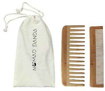Juego de peine de bambú, 1 peine de dientes anchos, 1 peine de dientes finos 1 pochette de algodón, peine madera, peine de dientes anchos rizados, productos de viaje