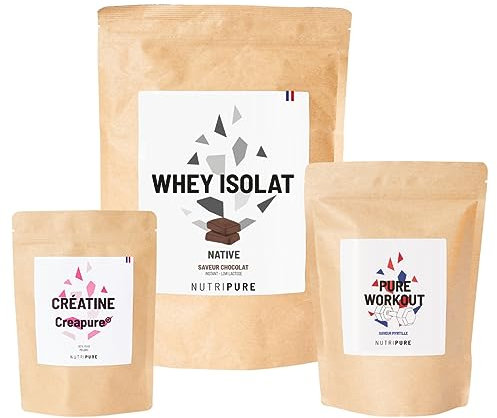 Nutripure | Pack Prise de Muscles | Whey Isolate Native + Créatine Monohydrate Poudre + Pre Workout (EAA, BCAA) | Idéal pour Musculation, Prise de Masse Musculaire, Fatigue Musculaire | Goût Chocolat