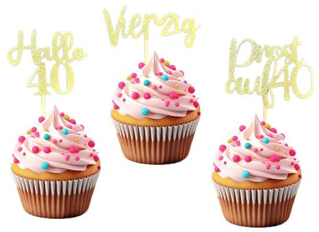LOINFE Cupcake Topper, 24 Stück Geburtstag Tortendeko, Cake Topper Geburtstag, 40. Gold Kuchentopper für Hochzeit Geburtstag Party Kuchen Dekorationen