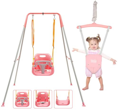 FUNLIO Juego de Columpios 2 en 1 con Saltador de Puerta para Bebés, Columpio y Rebotador para Niños de con 4 Bolsas de Arena, Soporte de Metal Plegable en Interiores/Exteriores, Fácil de Armar - Rosa