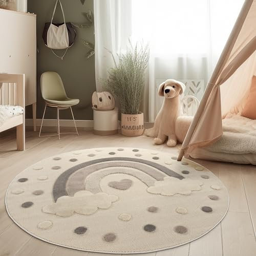 Paco Home Kinderzimmer Moderner Kinderteppich Robuster Spielteppich 3D-Effekt Naturtöne Weiche Schlingenstruktur Pflegeleichtes Regenbogen-Motiv, Grösse:160 cm Rund, Farbe:Creme
