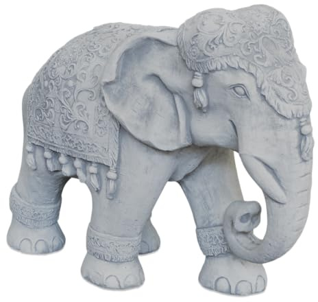 gartendekoparadies.de Reich geschmückter indischer Elefant, Steinfigur, H. 47 cm, 61 kg, Grau, frostsicher aus Steinguss für Außenbereich