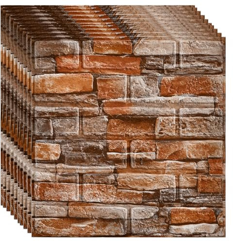 3D Wandpaneele Selbstklebend, 10 Stück Tapete Steinoptik, Steintapete Wandaufkleber, Fototapete Selbstklebend, Dekorfolie für Küche Schlafzimmer Wohnzimmer (35 x 35 x 0.3 cm, Ziegelrot)