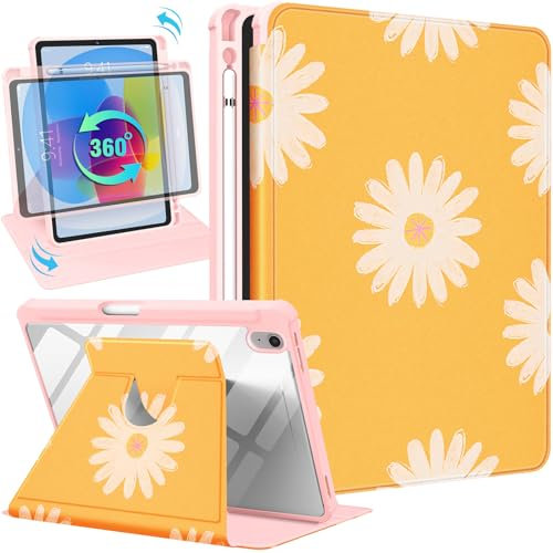 SurgeCraft Custodia per iPad di 10a generazione da 10,9 pollici 2022, supporto rotante a 360 gradi con portamatite per donne ragazze carine Folio Cover Fiore Giallo Flora per Apple iPad 10a