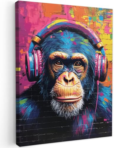 MuchoWow© Leinwand Bilder 60x80 cm Wanddeko Wohnzimmer Aesthetic Room Decor Deko Zimmer Wandbilder Modern Fotogeschenke Graffiti - Affe - Schimpanse - Street Art - Neon - Tiere