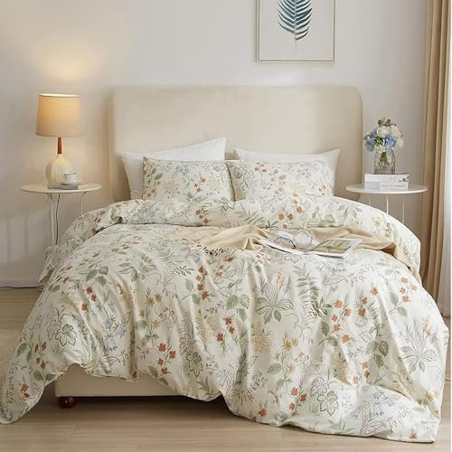 Tospass Blumen Bettwäsche 200x220 cm Beige Grün Floral Bettwäsche Set Pflanzen Blätter Mädchen Mikrofaser Wende Bettwäsche 1 Bettbezug mit Reißverschluss 2 Kissenbezug 80x80 cm