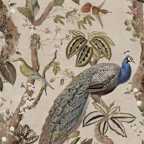 Peacock Woods Taupe Wallpaper - Modern Naturistic Floral Flowers Birds - Stylish Trendy Feature Wall