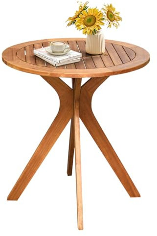KOMFOTTEU Gartentisch rund Ø 70 cm, Beistelltisch aus Eukalyptusholz, Holztisch klein mit X-Basis, Kaffeetisch Balkontisch für Terrasse, Garten