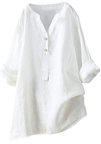 Women Oversized Cotton Linen Shirts Button Down Summer Blouse Roll-Up Sleeve Tops Tunic Trendy Boho Ladies Clothes 2024(White,5X-Large)