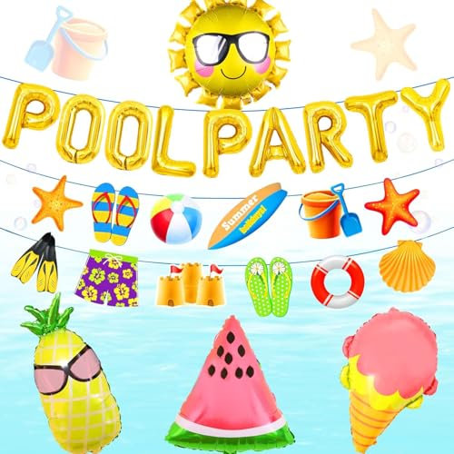 LaVenty Gold Pool Dekoration Strandparty Zubehör für Mädchen Rosa Luftballons Sommer Sonne Luau Hawaii Beach Pool Party Banner