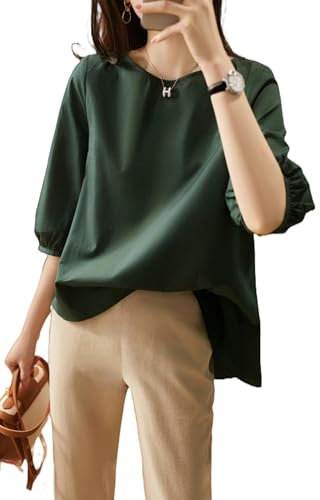 Camiseta Superior de algodón Estilo ple con Mangas de Linterna inclinadas Irregulares de Nuevo diseño de Moda para Mujer - Verde Oscuro - S
