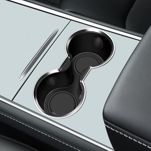 Farmogo for Tesla Center Console Cup Holder Insert【Top Chrome Metallic Finish】 Center Console Interior Accessories Compatible with Tesla Model 3 2023-2021 and Model Y 2021-2025 (Black)