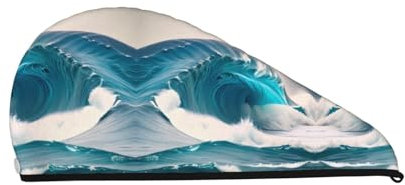 WANGLO Gorro de pelo seco de terciopelo coral con ondas marinas azules de dibujos animados, turbante de secado rápido para el hogar y viajes, perfecto para fiestas en la piscina, playa, baño