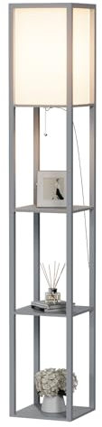 PULUOMIS Floor Lamp with Shelves, 3 Layers Wooden Shelf Standing Light, Modern Reading Lamp for Bedroom, Living Room, Office, Home Decoration (Size:26x 26x 160 cm) (Without Bulb)-Grey