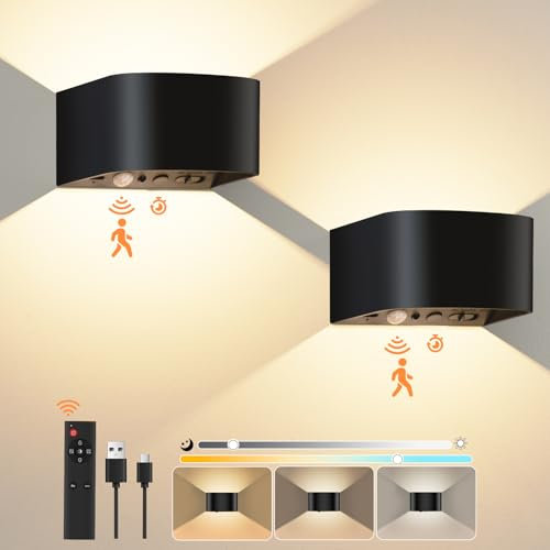 Midore Akku Wandleuchte mit Bewegungsmelder Innen, 5000mAh Wandleuchte Ohne Stromanschluss mit Fernbedienung, Wandstrahler Innen Wandlampe Aufladbar Kabellos, Nachtlicht Timing-Funktion mit 3 Farben