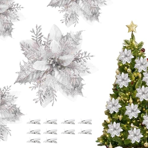 Earlyred 10 Stück Glitzer-Weihnachtssterne Silber und Weiß Blumen Künstliche Blumen Kunststoff Weihnachtsblumen für DIY Xmas Party Hochzeit Brautsträuße Blumenarrangement Heimdekorationen